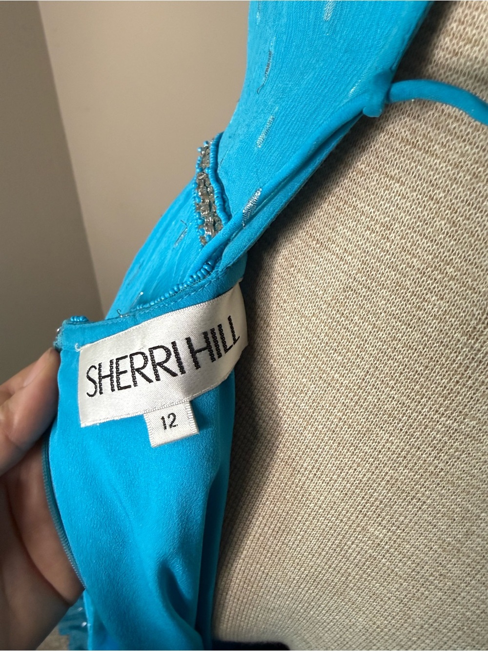 Sherri Hill 52643 Aqua Blue Metallic Chiffon Corset Ruffle Gown Size 12 - Picture 9 of 11